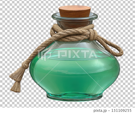 Vintage glass potion bottle with wooden cork and twine with turquoise liquid for magical and mystical themes Vintage glass potion bottle with wooden cork and twine with turquoise liquid for magical and mystical themes 131109255