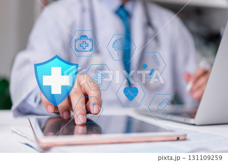 Health tech concept with icons of stethoscope, shield, DNA, and brain, highlighting innovation in digital medical treatment.secure health services and medical technology evolution. 131109259