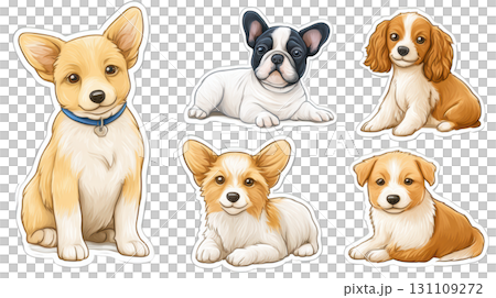 Adorable Cartoon Puppies Collection Featuring Corgi, French Bulldog, Cavalier, and Playful Expressions Adorable Cartoon Puppies Collection Featuring Corgi, French Bulldog, Cavalier, and Playful Expressions 131109272