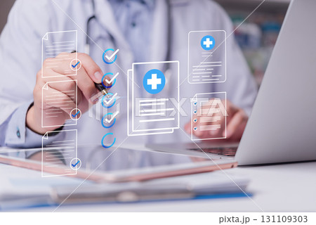 Online medical checklist and documentation system in use by doctor, concept of smart healthcare. physician assessment expert checks patient care quality, hospital assessment of treatment Online medical checklist and documentation system in use by doctor, concept of smart healthcare. physician assessment expert checks patient care quality, hospital assessment of treatment 131109303