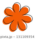 Flat orange flower with rough black edge and geometric petals. Stylish and colorful with a playful touch. 131109354