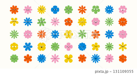 Fun set of stylized floral faces in flat cartoon style. Features silly, calm, furious, and amazed expressions. A bold, colorful mix of playful character and petal design. 131109355
