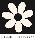 Flat graphic of a simple cream-colored flower with five rounded petals on a solid black background, ideal for modern design use. 131109357