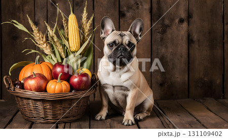 A cute bulldog is next to a basket filled with pumpkins, apples, and corn on a wooden surface 131109402