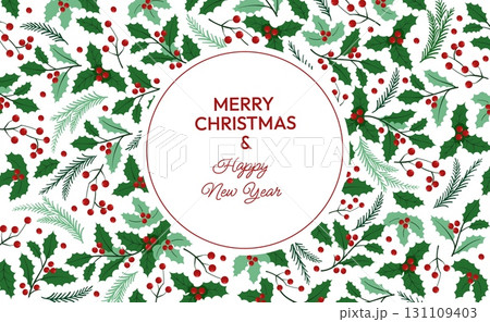 Christmas frame background. New Year banner with minimal Xmas decoration, botanical banner with fir branches and holly berry for winter holiday decoration. Vector illustration 131109403