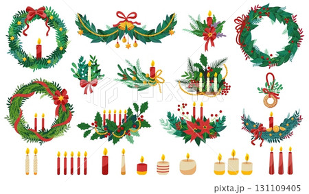Christmas wreath and candles. Cartoon advent burning candlelight and xmas fir branches wreath with red bow, pine cons and red berries, holiday religious decor. Vector set Christmas wreath and candles. Cartoon advent burning candlelight and xmas fir branches wreath with red bow, pine cons and red berries, holiday religious decor. Vector set 131109405