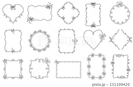 Bow ribbon vintage border. Elegant decorative frames with bows and ribbons, romantic bridal and birthday invitations design elements. Vector doodle set 131109420