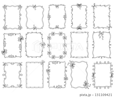 Vintage bow ribbon frame. Doodle minimalist decorative borders with bows and ribbons, elegant sketch hand drawn design elements for wedding invitation card. Vector set 131109421