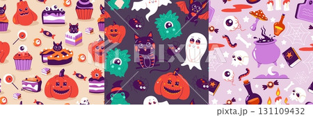 Halloween patterns. Seamless print of scary holiday symbols, abstract background with pumpkin ghost monster for wallpaper design. Vector Halloween texture set Halloween patterns. Seamless print of scary holiday symbols, abstract background with pumpkin ghost monster for wallpaper design. Vector Halloween texture set 131109432