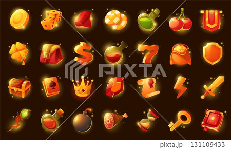 Golden glowing game icons. Cartoon award and loot icons for game UI, key trophy gemstone gold coins money icons with shiny glow. Vector casino set Golden glowing game icons. Cartoon award and loot icons for game UI, key trophy gemstone gold coins money icons with shiny glow. Vector casino set 131109433