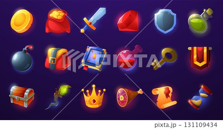 Game interface icons. Cartoon GUI buttons and sprites, 2D mobile web application gold, weapon and magic user interface elements, isolated graphic asset collection. Vector set 131109434