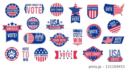 American vote label. USA election badge with text vote, stickers for political party contest, presidential campaign poll ballot. Vector collection American vote label. USA election badge with text vote, stickers for political party contest, presidential campaign poll ballot. Vector collection 131109453
