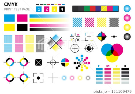 CMYK color print. Calibration and control marks for cyan magenta yellow black ink printing, swatch halftone strips process. Vector print test tables and symbols collection 131109479