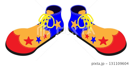 Isometric huge clown shoes with bright red toes and yellow laces. Realistic 3D vector concept isolated on white background 131109604