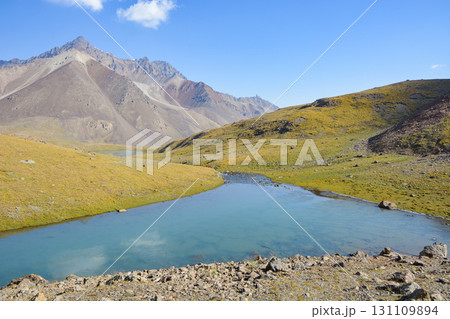 Idyllic summer landscape with hiking trail in the mountains with beautiful fresh green mountain pastures, river with reflection. Alai ridge mountains 131109894