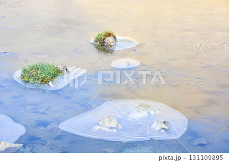 Beauty landscape with ice in the mountains river with beautiful fresh green grass, lake with reflection. Alai ridge mountains 131109895