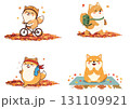 秋の柴犬とスポーツイラスト／リラックス・健康キャラクター素材  131109921