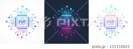 P2P exchange concept icon, sign, logo in the circuit line style. P2P lending processor vector icon flat design. Peer-To-Peer transfering cryptocurrency money on phone app, banking card 131110023