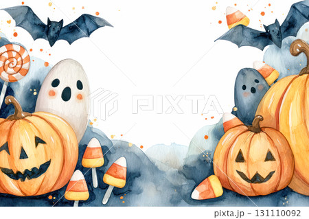 Watercolor illustration featuring Halloween pumpkins, ghosts, bats, and candy corn, creating a festive atmosphere with ample copy space for text 131110092