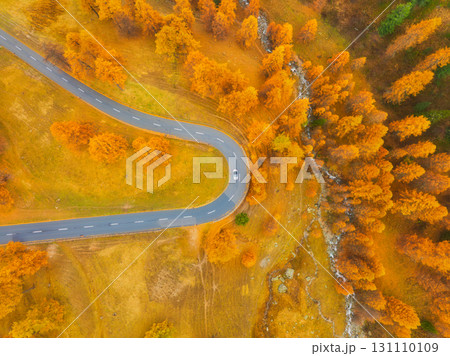Drone view of a road with curves and car. Asphalt road in the middle of the forest. Autumn landscape Drone view of a road with curves and car. Asphalt road in the middle of the forest. Autumn landscape 131110109