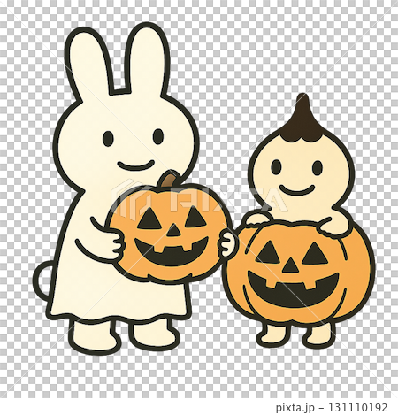 ジャックオランタンを持つうさぎと涙型キャラクターのハロウィンイラスト 131110192