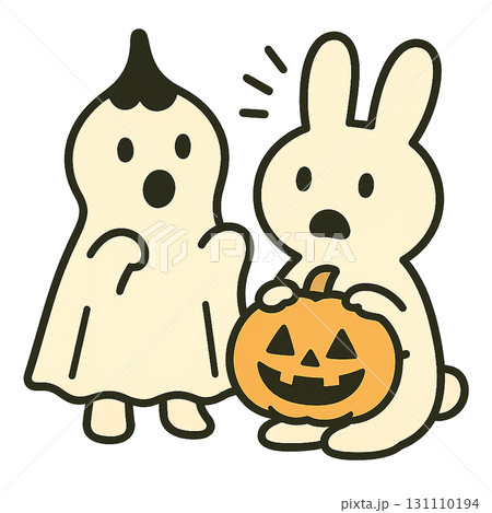 おばけの仮装をした涙型キャラクターと驚くうさぎのハロウィンイラスト 131110194