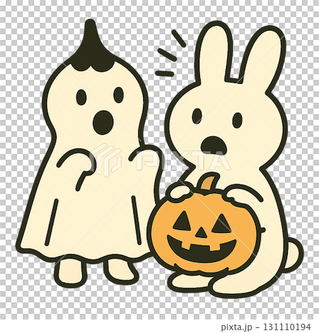 おばけの仮装をした涙型キャラクターと驚くうさぎのハロウィンイラスト 131110194