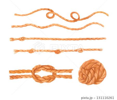 Watercolor nautical rope clipart. Marine knots and twisted cords set isolated on white. 131110261