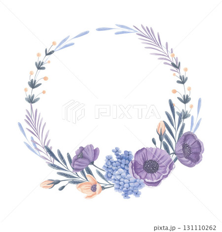 Watercolor floral wreath with purple and peach flowers 131110262