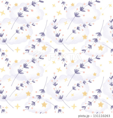 Seamless watercolor pattern with clouds, stars and floral branches in soft pastel colors. 131110263
