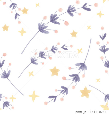 Botanical and star seamless pattern in pastel purple tones on white background 131110267