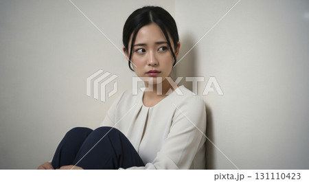 部屋で落ち込む若い女性 131110423
