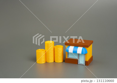 Miniature stores with coins stacks. Small business, attracting investors, retail financing, commercial loans, and financial support in the food and retail industry. franchise and competition 131110660