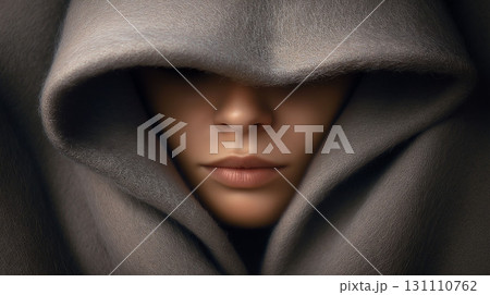 Mysterious woman with covered eyes wearing soft hooded cloak in moody close-up portrait 131110762