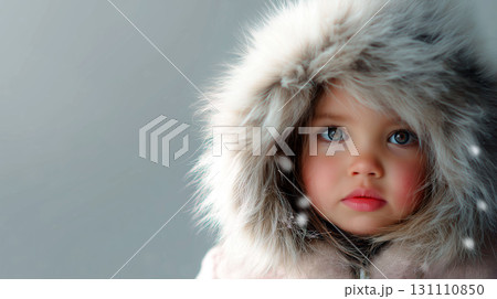 Adorable little girl in warm fur hooded coat looking at camera in snowy winter scene 131110850