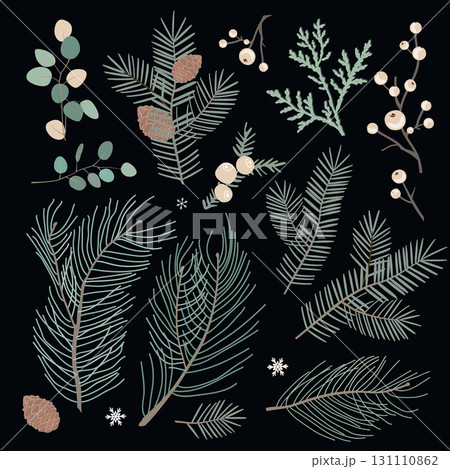 Christmas foliage decoration elements set. Hand painted winter greenery fir tree branches, berries, eucalyptus, pine cones. Floral botanical collection, isolated vector illustration Christmas foliage decoration elements set. Hand painted winter greenery fir tree branches, berries, eucalyptus, pine cones. Floral botanical collection, isolated vector illustration 131110862