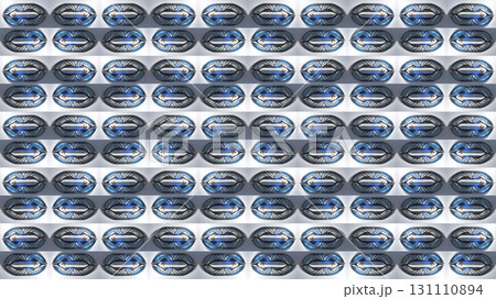 Repeating futuristic orb structures. Rows of futuristic orb structures arranged in a grid pattern.  131110894