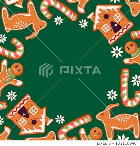 Christmas gingerbread cookie frame with man, candy cane, reindeer, house and snowflake on green background. Cartoon style illustration for holiday packaging, winter seasonal menu, festive card design. 131110946