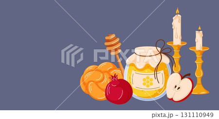 Rosh Hashanah holiday with honey jar, apple, pomegranate, challah bread, dates and candle on light background for jewish new year celebration in cartoon style. 131110949