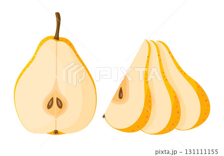 Yellow pears, half and slices of pear. Modern flat style isolated on transparent background. 131111155