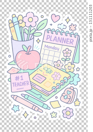 Back to school supplies in maximalist style with planner and stationery. Isolated on transparent background Back to school supplies in maximalist style with planner and stationery. Isolated on transparent background 131111203