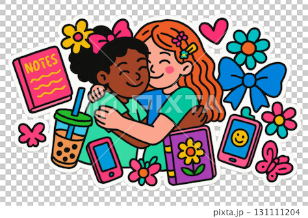 Back to school maximalist design featuring diverse girls, flowers, and school supplies. Isolated on transparent background Back to school maximalist design featuring diverse girls, flowers, and school supplies. Isolated on transparent background 131111204