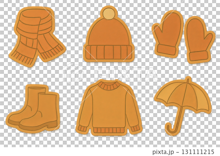 Autumn clothing set featuring scarf, hat, mittens, boots, sweater, umbrella. Isolated on transparent background 131111215