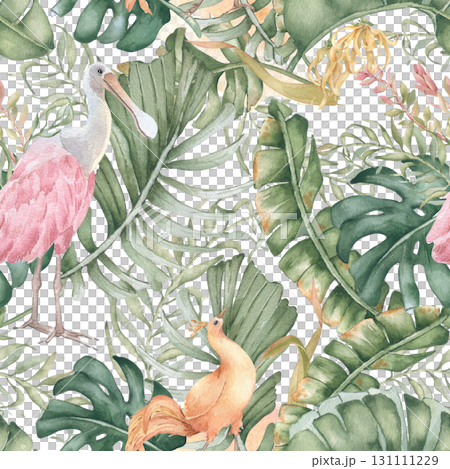 Tropical birds paradise watercolor seamless pattern isolated white. Spoonbill, monstera, and areca palm leaves in soft pastel hand painted. Delicate repeat for beach textiles, and exotic wallpaper. Tropical birds paradise watercolor seamless pattern isolated white. Spoonbill, monstera, and areca palm leaves in soft pastel hand painted. Delicate repeat for beach textiles, and exotic wallpaper. 131111229