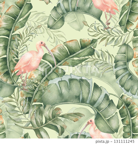 Pink Ibis Jungle Seamless pattern isolated. Watercolor roseate heron in banana leaves of tropical palms hand drawn. Endless repeat background neutral colors for swimwear, and coastal home decor. 131111245