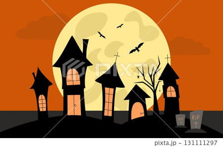 Dark silhouette of houses and church against large full moon 131111297