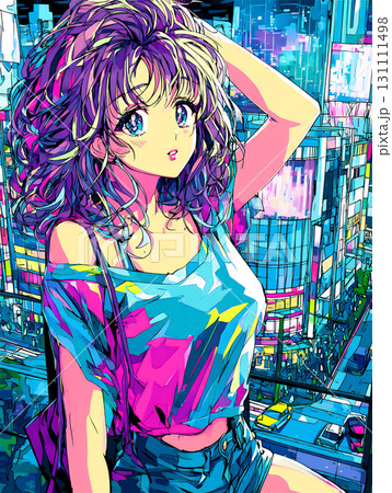 カラフルな街並みを背景にした女性のイラスト 131111498
