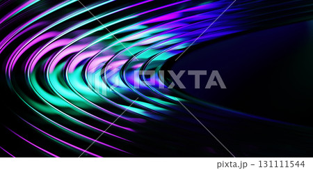 Neon light effect speed line glow circle ring. Abstract energy wave or magic trail flare in radiant colors with purple green gradient on dark blue 3d background. Futuristic technology. 3D illustration 131111544