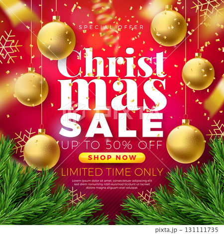 Christmas Sale Shopping Day Design with Ornamental Ball, Fir Branch and Falling Confetti on Red Background. Vector Holiday Business Illustration with Special Offer Typography Elements for Coupon Christmas Sale Shopping Day Design with Ornamental Ball, Fir Branch and Falling Confetti on Red Background. Vector Holiday Business Illustration with Special Offer Typography Elements for Coupon 131111735