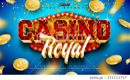 Casino Royal 3D Text Effect Design Editable Vector Graphic Style with Shadow and Gold Scalable Typography Lettering, Light Bulb Billboard, Casino Coin and Falling Confetti on Shiny Blue Background 131111737